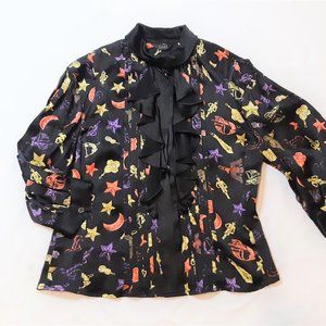 Colorful Button Down Blouse by Time Postmodern S/M Black Ruffled Neck Top EUC